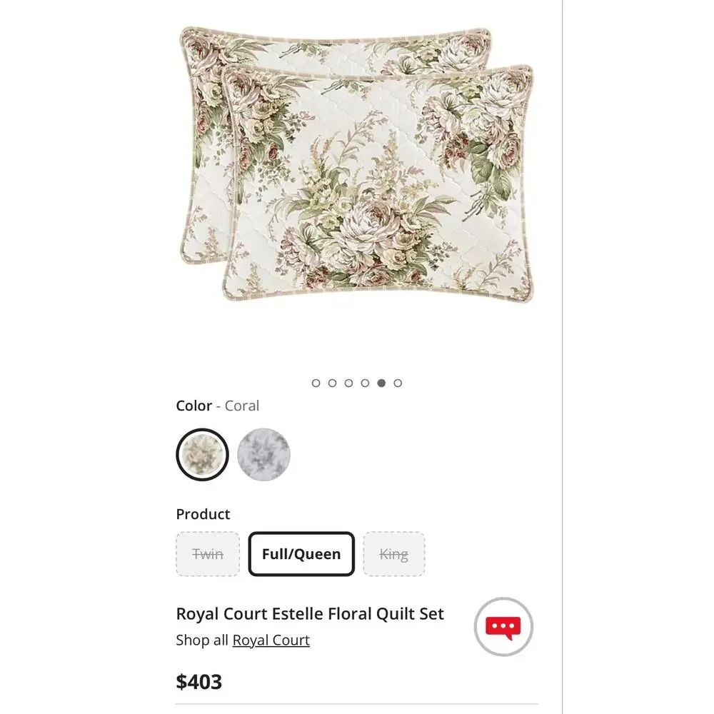 NEW! Full/Queen Royal Court Estelle Floral Quilt Set Coral